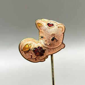 Mid Century Vintage Cloisonne Enamel Pink Kitty Cat Stick Pin Hat Lapel Pin